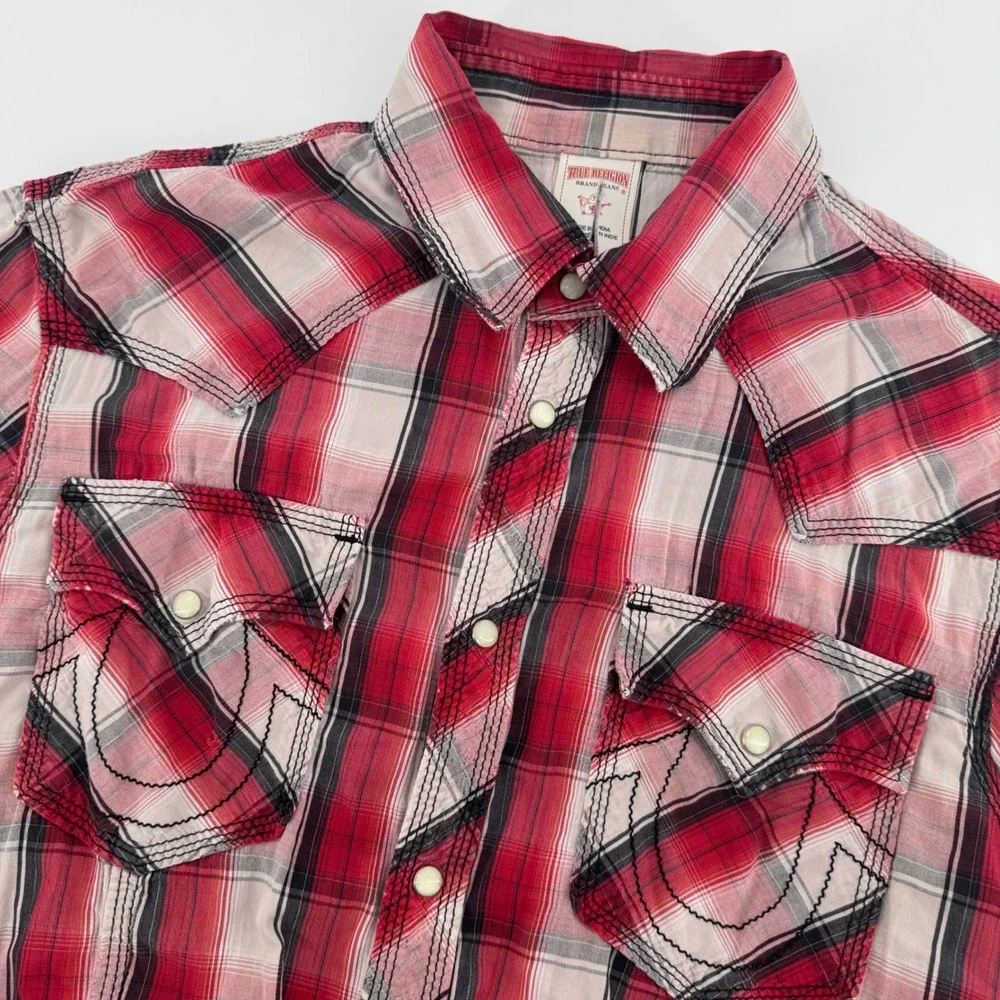 True Religion Plaid Pearl Snap Button Western Shirt Red Black White Size L *READ